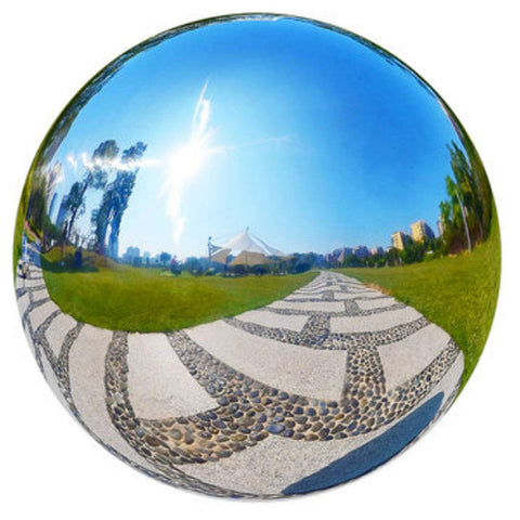 HomDSim silver stainless steel mirror ball enhances indoor and outdoor spaces.