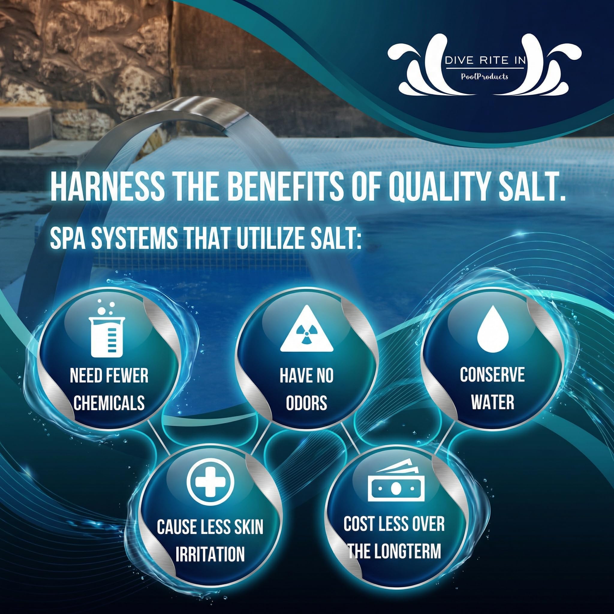 Dive Rite spa salt in clear water showing clean, balanced spa water