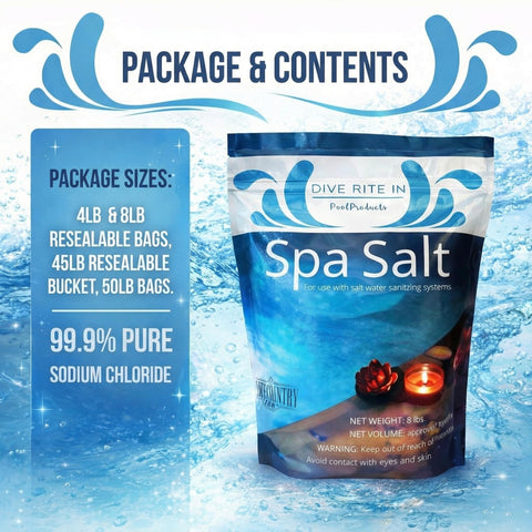 Close-up of Home and Country Dive Rite spa salt jar showing 99.9% USP purity