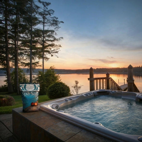 Pouring Dive Rite salt into hot tub for balanced water chemistry
