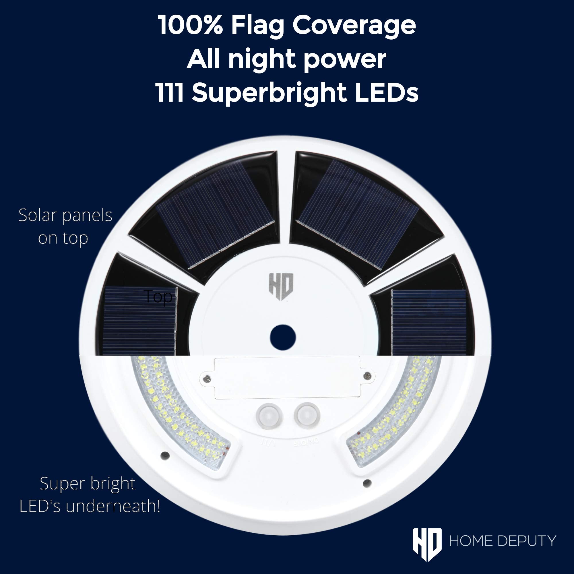 HOME DEPUTY dusk-to-dawn solar flag light with automatic daily illumination.