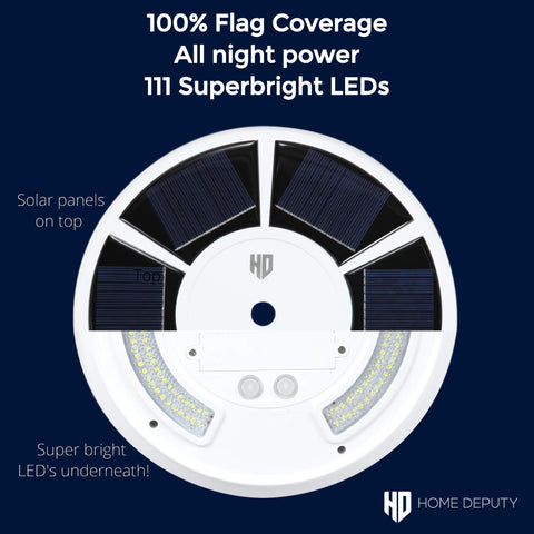 HOME DEPUTY dusk-to-dawn solar flag light with automatic daily illumination.