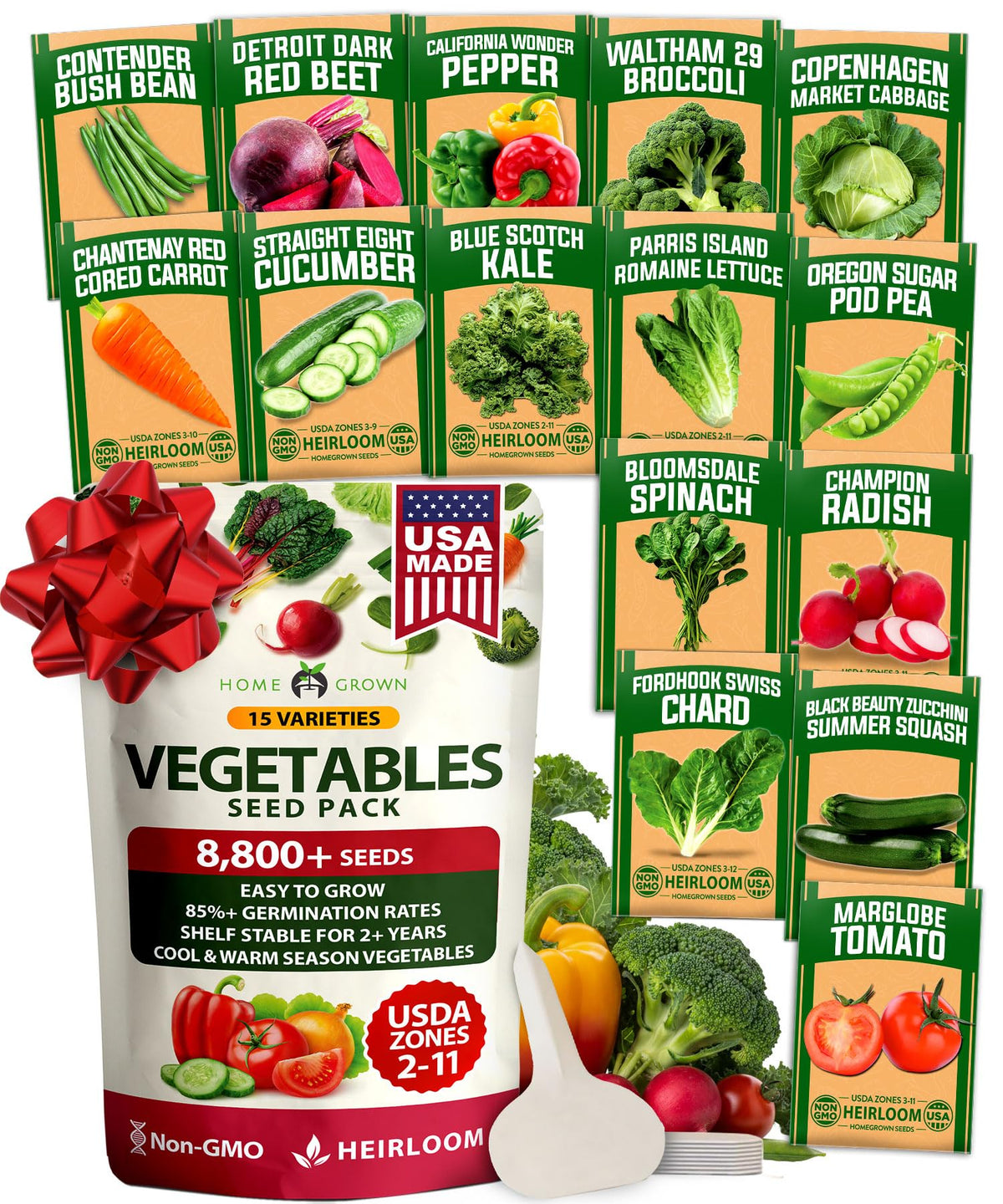HOME GROWN seed vault collection showing 15 varieties for year-round home gardening
