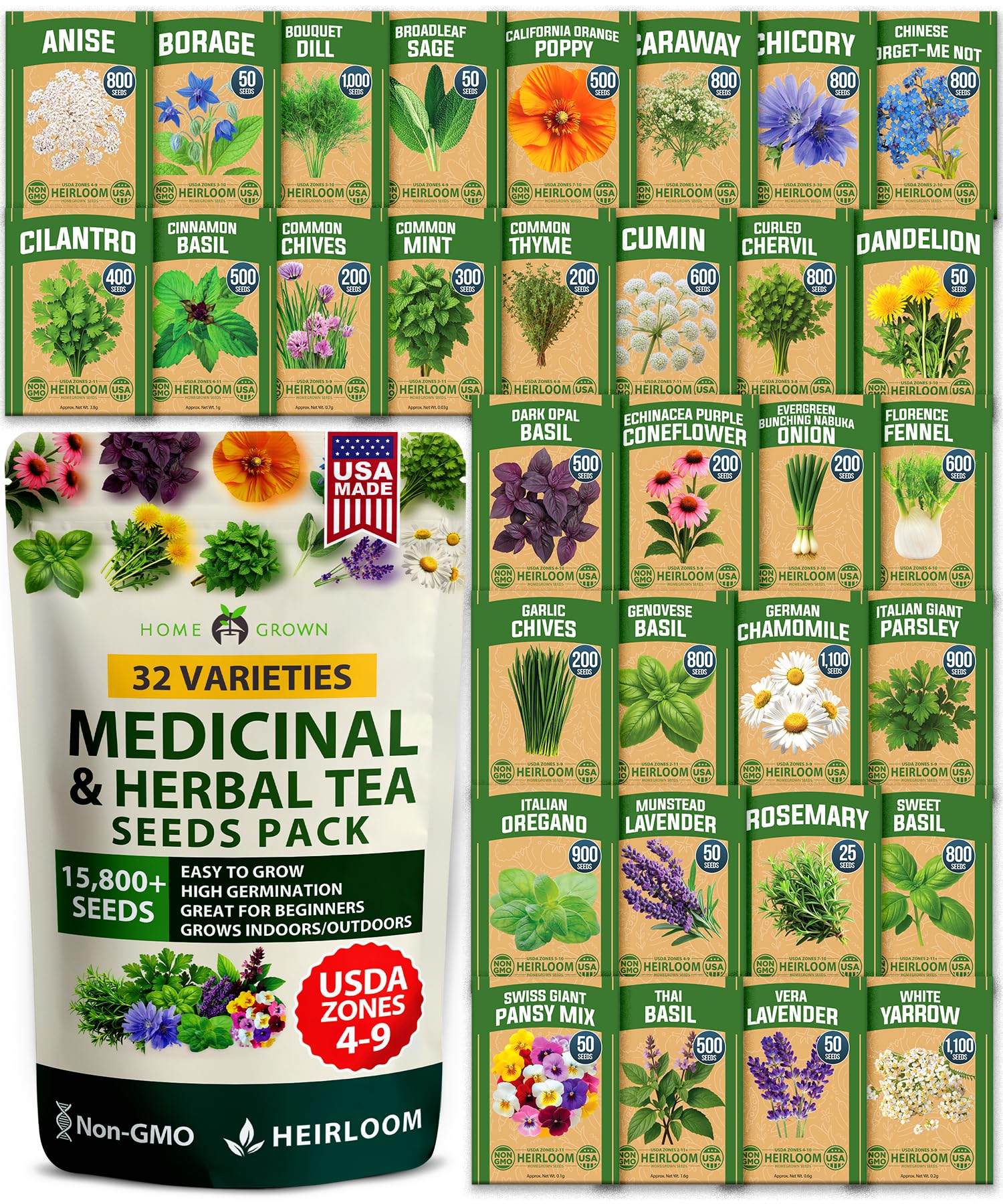 HOME GROWN 32-herb seeds pack cover showcases medicinal herbs for tea and wellness