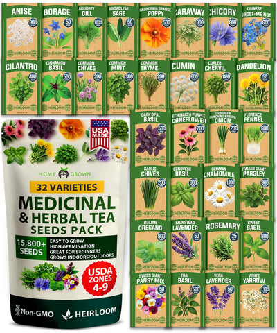 HOME GROWN 32-herb seeds pack cover showcases medicinal herbs for tea and wellness
