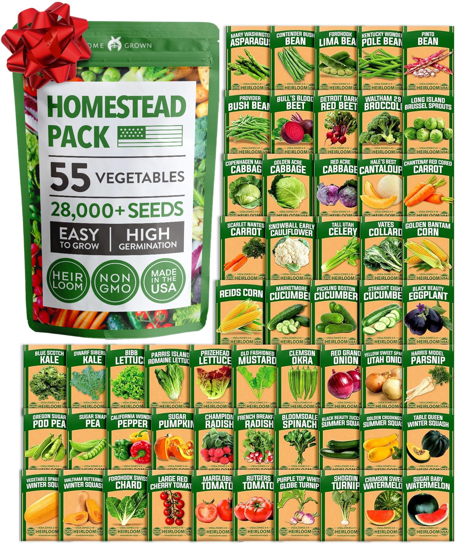 HOME GROWN 55 seeds pack cover image shows heirloom varieties for a versatile home garden.