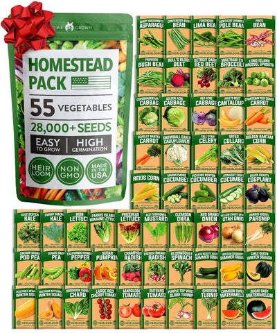 HOME GROWN 55 seeds pack cover image shows heirloom varieties for a versatile home garden.
