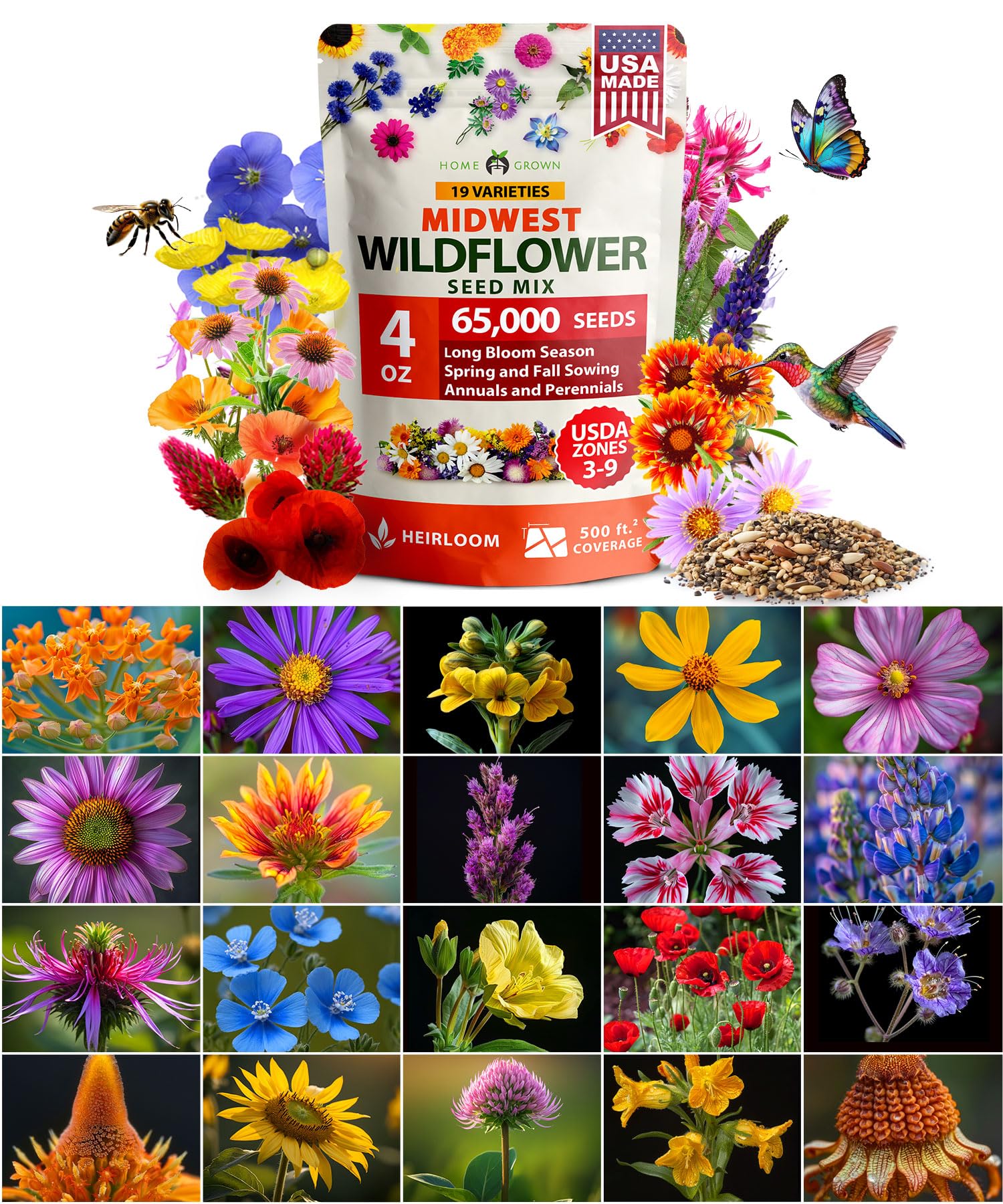 HOME GROWN 65,000+ wildflower seeds mix in bloom attracting pollinators.