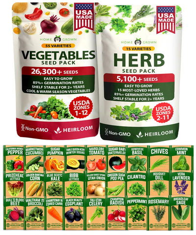 HOME GROWN 70-variety seed package with diverse seeds for planning a thriving home garden.