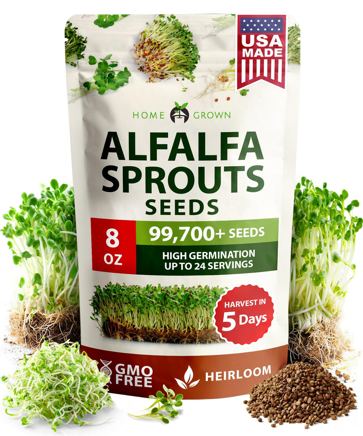HOME GROWN alfalfa sprouts in an 8oz bulk bag ready for harvest