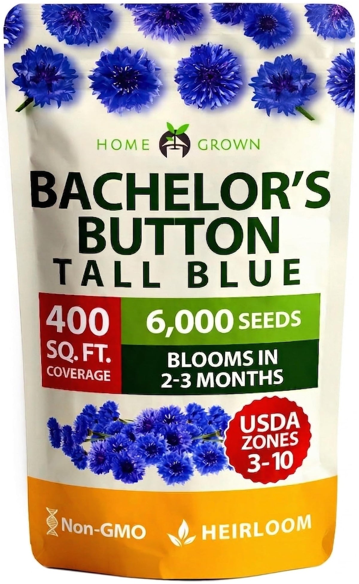 HOME GROWN Bachelor Button Tall Blue seeds pack for easy, pollinator-friendly planting.