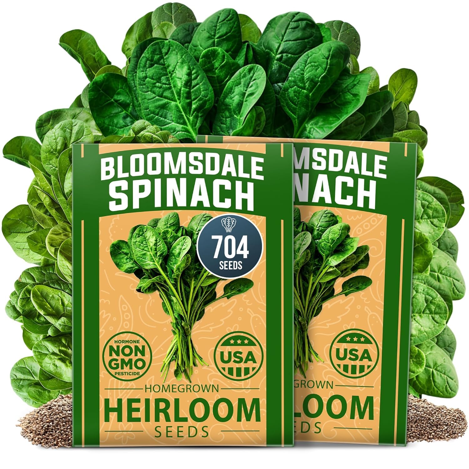 HOME GROWN Bloomsdale spinach seeds packaging, premium quality for home gardening