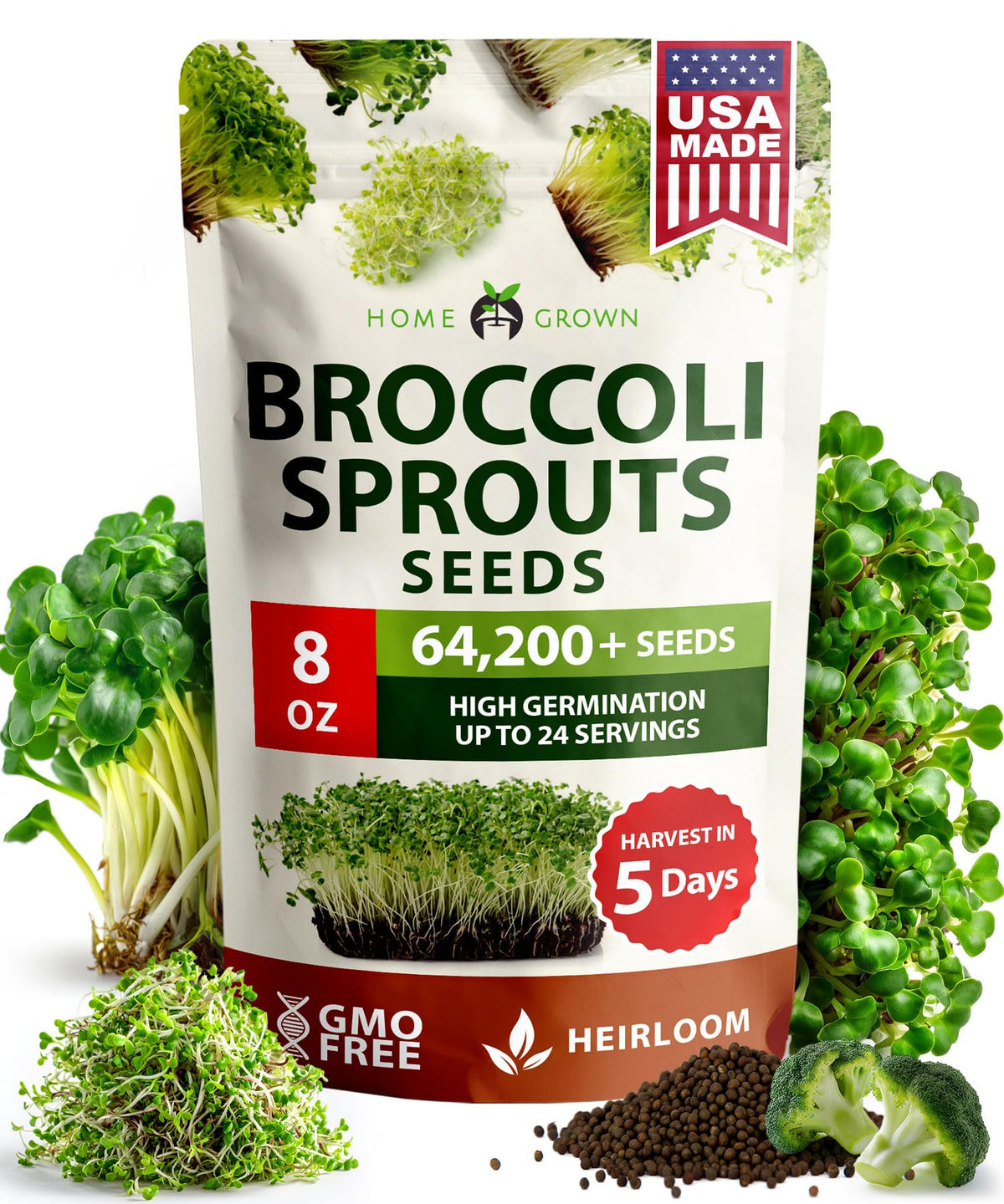 A close-up of HOME GROWN broccoli seeds in an 8oz bulk pack for sprouts and microgreens.