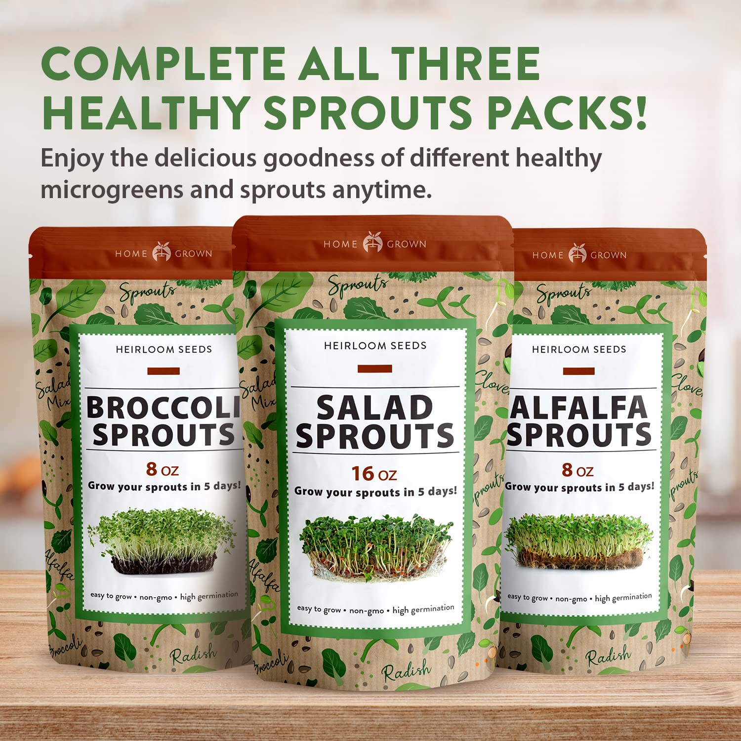 HOME GROWN fresh-sealed packaging preserves seed viability for sprouting season.