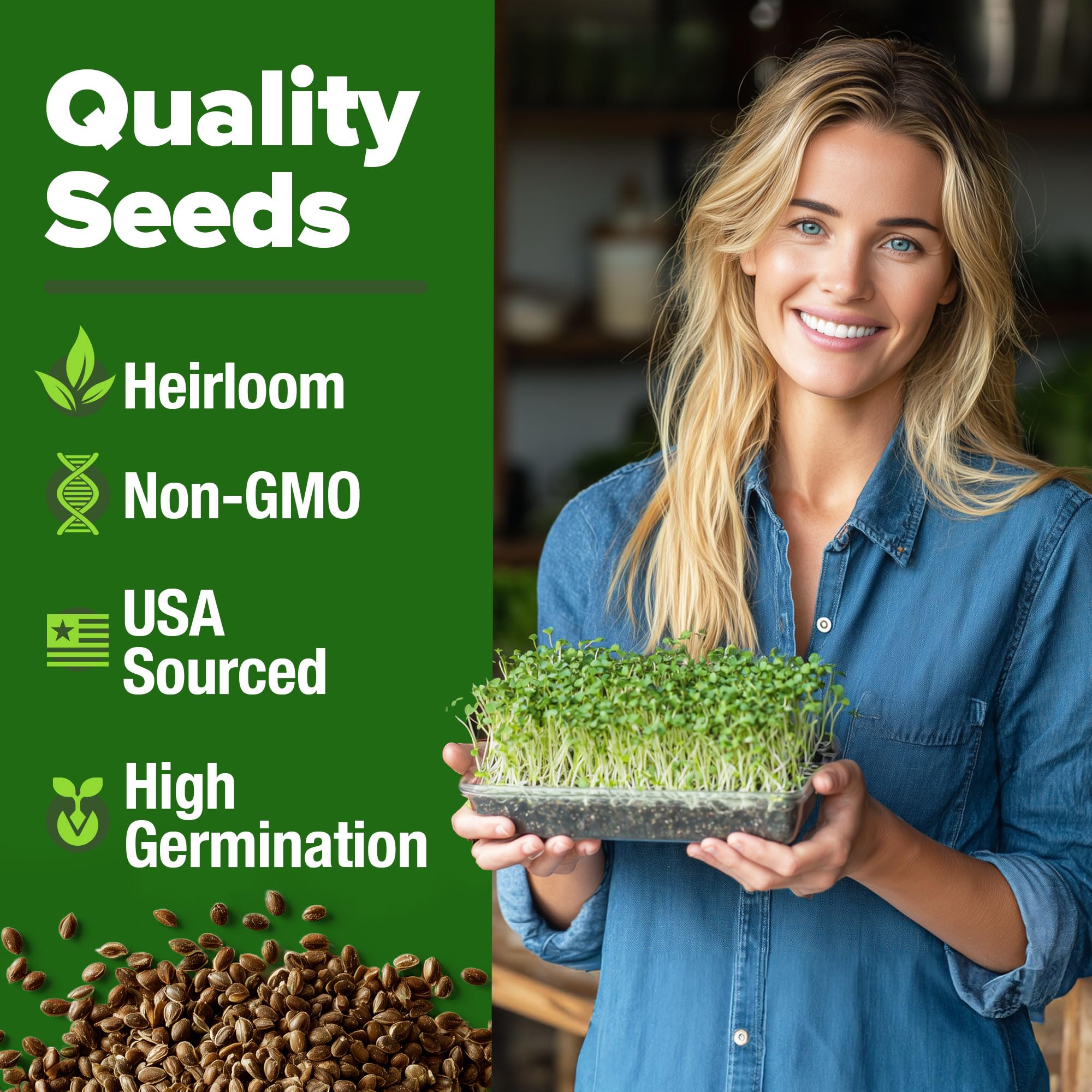 HOME GROWN organic non-GMO label on broccoli seeds supports trusted home sprouting.