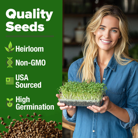 HOME GROWN organic non-GMO label on broccoli seeds supports trusted home sprouting.