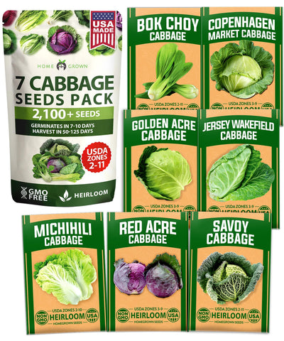HOME GROWN seven-varieties cabbage seeds pack ready for home garden sowing, diverse harvest potential