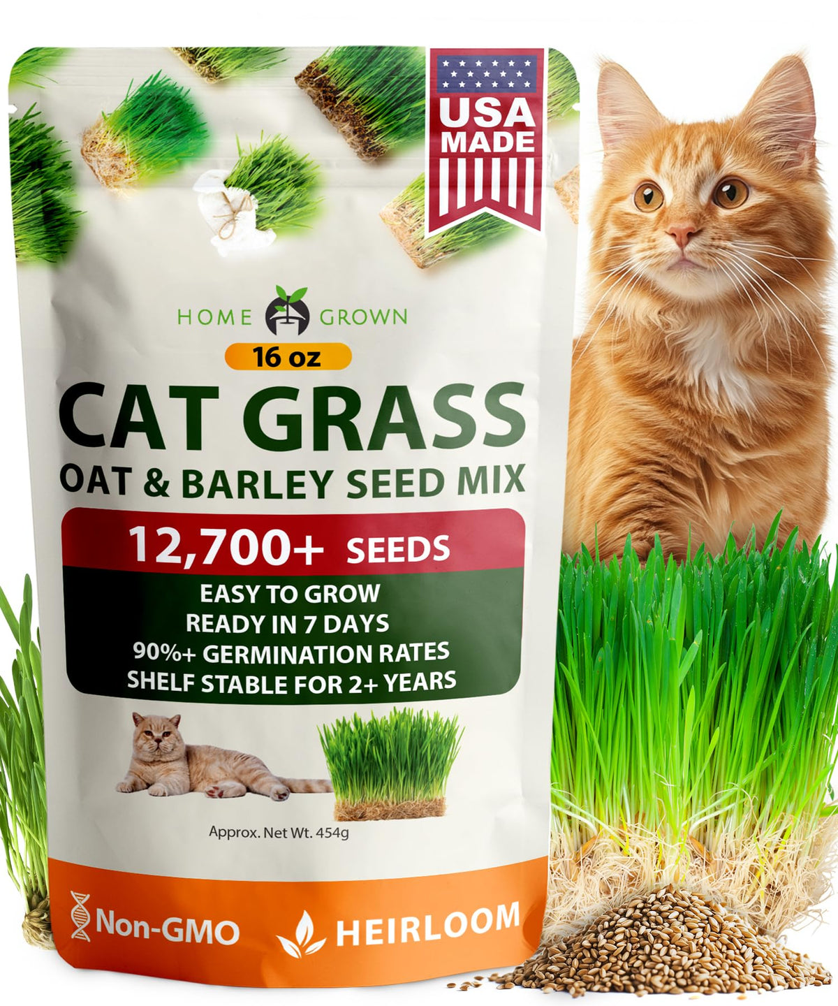 HOME GROWN cat grass 1lb bag for fresh daily snacking.