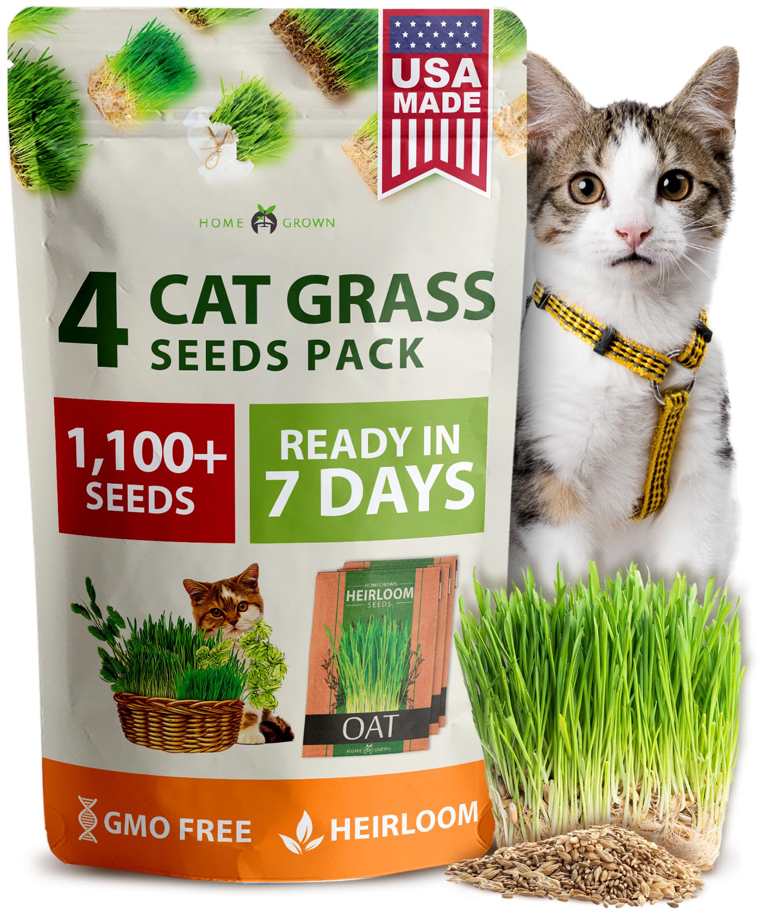 HOME GROWN Cat Grass Seed Mix packaging with non-GMO seeds for indoor greens.