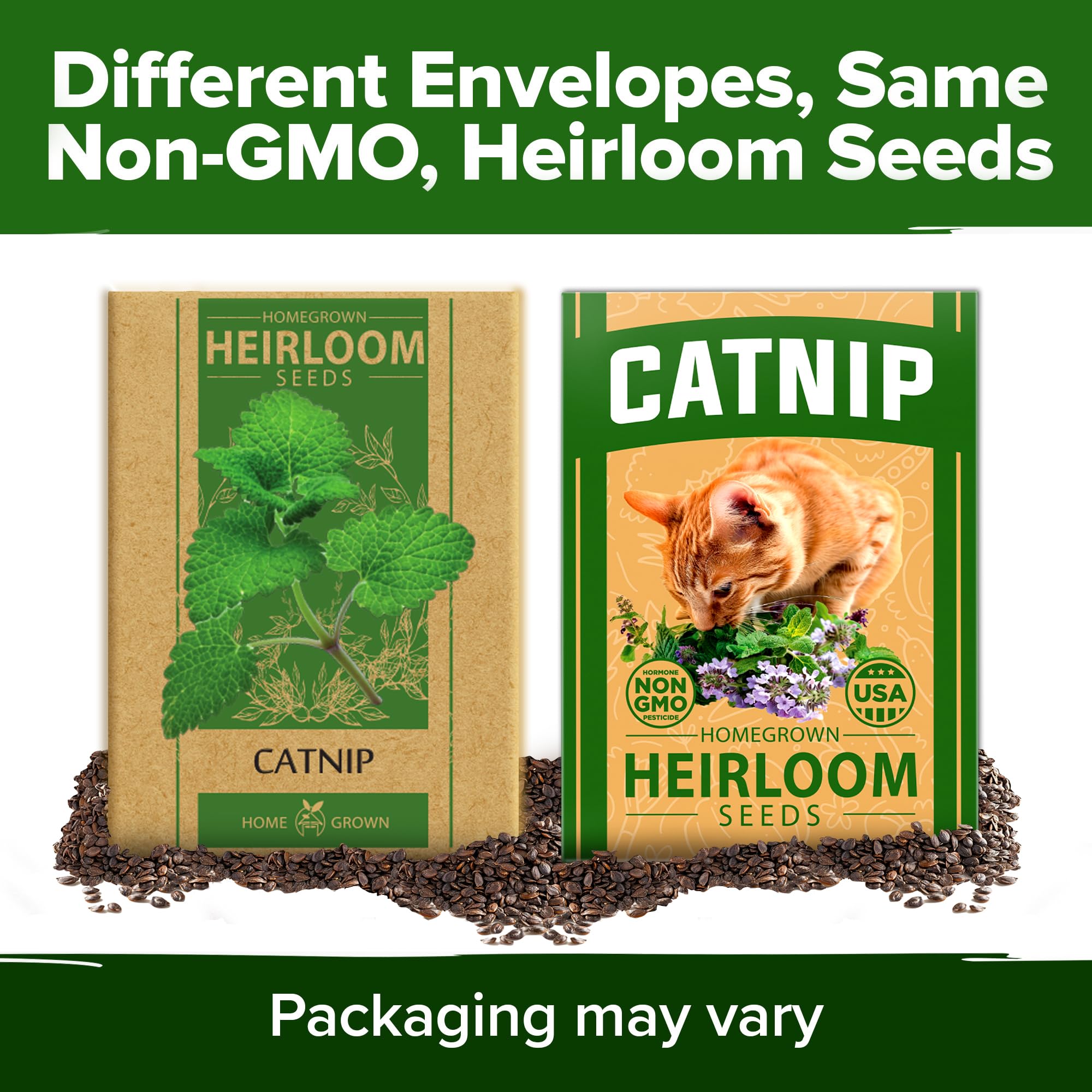 HOME GROWN catnip seeds attractive seed packet display for gardening enthusiasts.