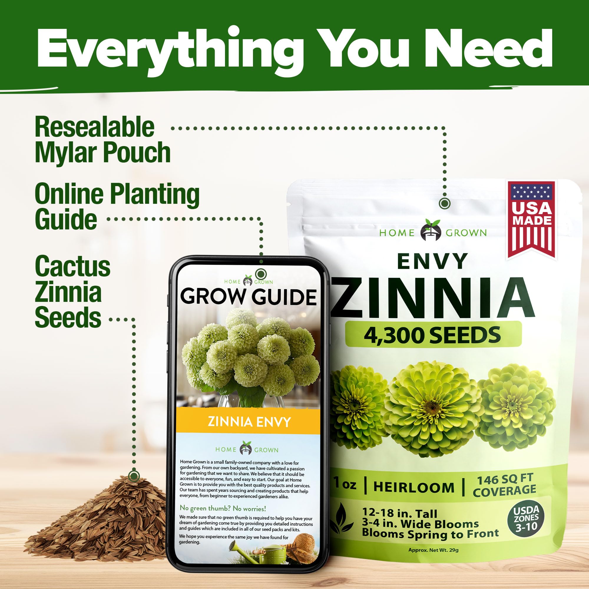HOME GROWN Envy Zinnia seeds are easy to sow with reliable germination