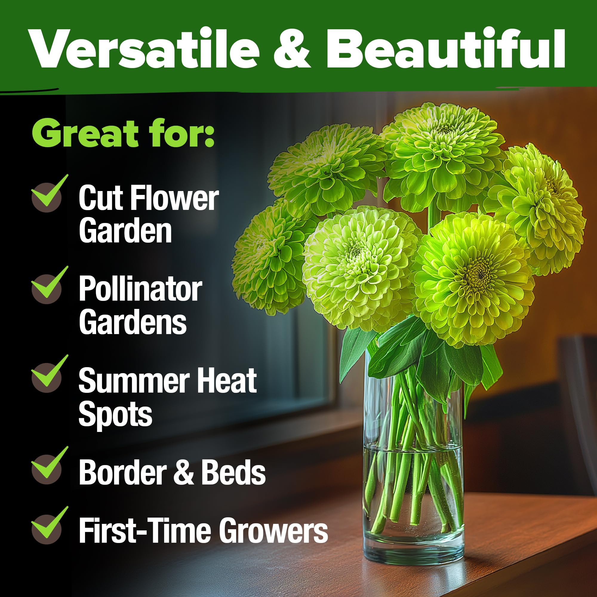 HOME GROWN Envy Zinnia seeds are versatile for beds, borders, and containers