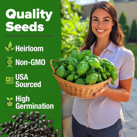 Home Grown Genovese Basil seeds packaging and contents for easy planting