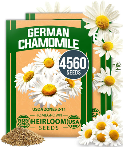 Home Grown German Chamomile seed pack close-up, ideal for starting a calming herb garden.