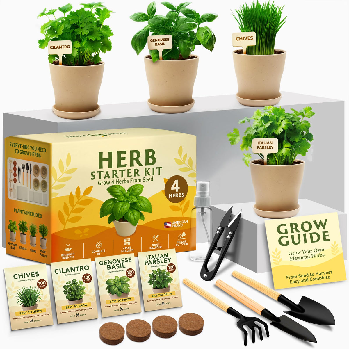 HOME GROWN herb planter kit packaging shows gift-ready box for easy gifting