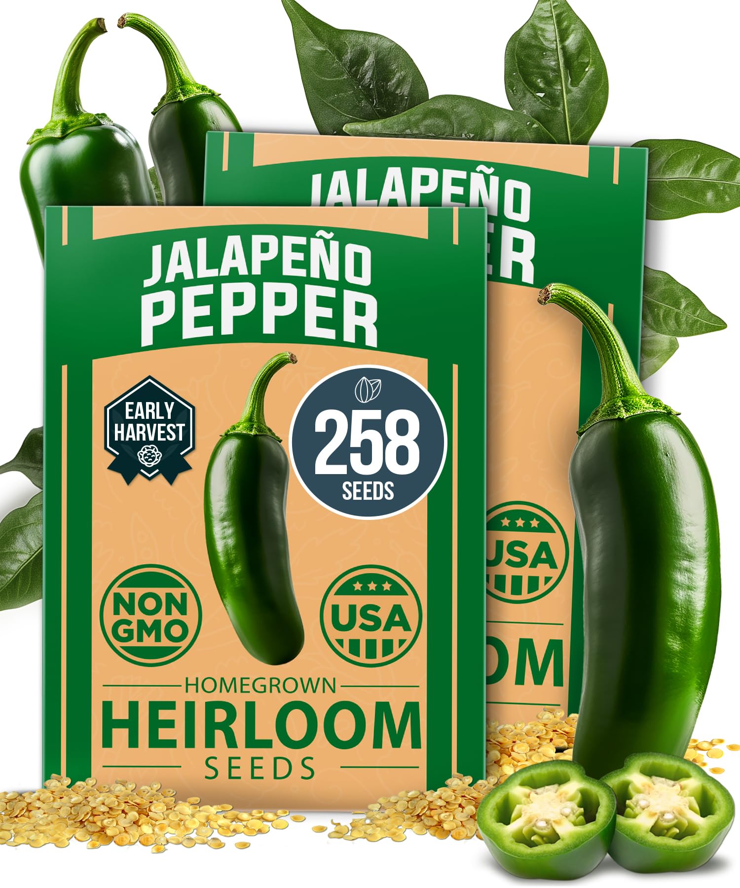 HOME GROWN jalapeno seeds packaging showing 258 high-germination heirloom seeds for reliable starts.