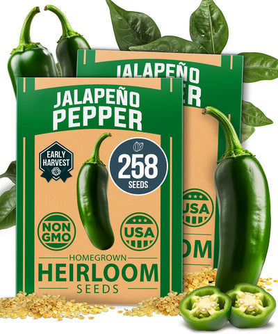 HOME GROWN jalapeno seeds packaging showing 258 high-germination heirloom seeds for reliable starts.