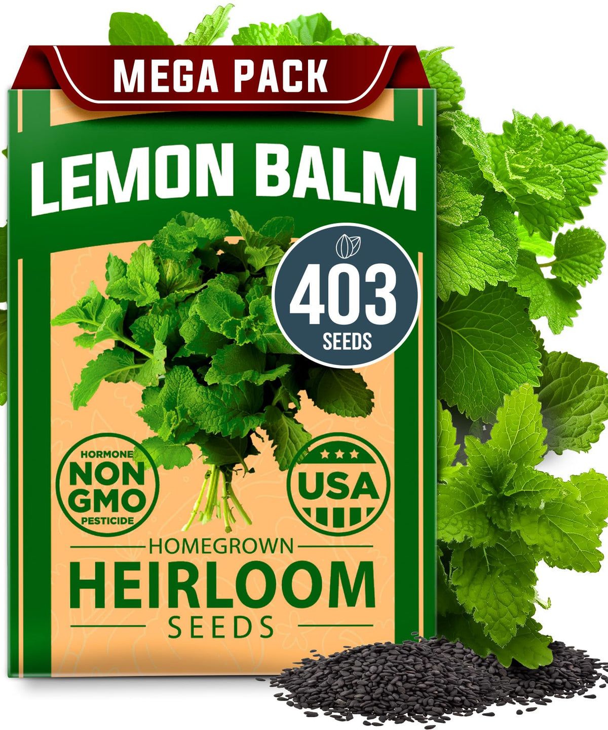 HOME GROWN lemon balm seed pack front label for easy herb gardening with heirloom seeds.
