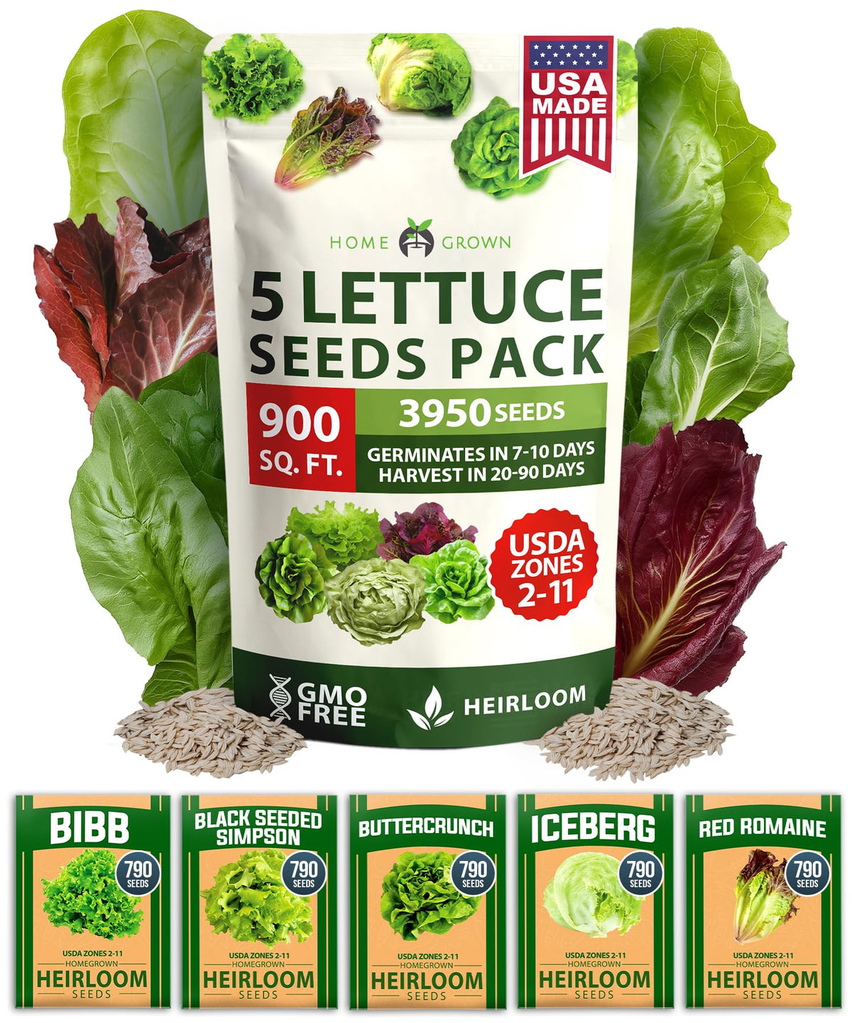 HOME GROWN lettuce seeds 5-variety mix pack ready for year-round salads.