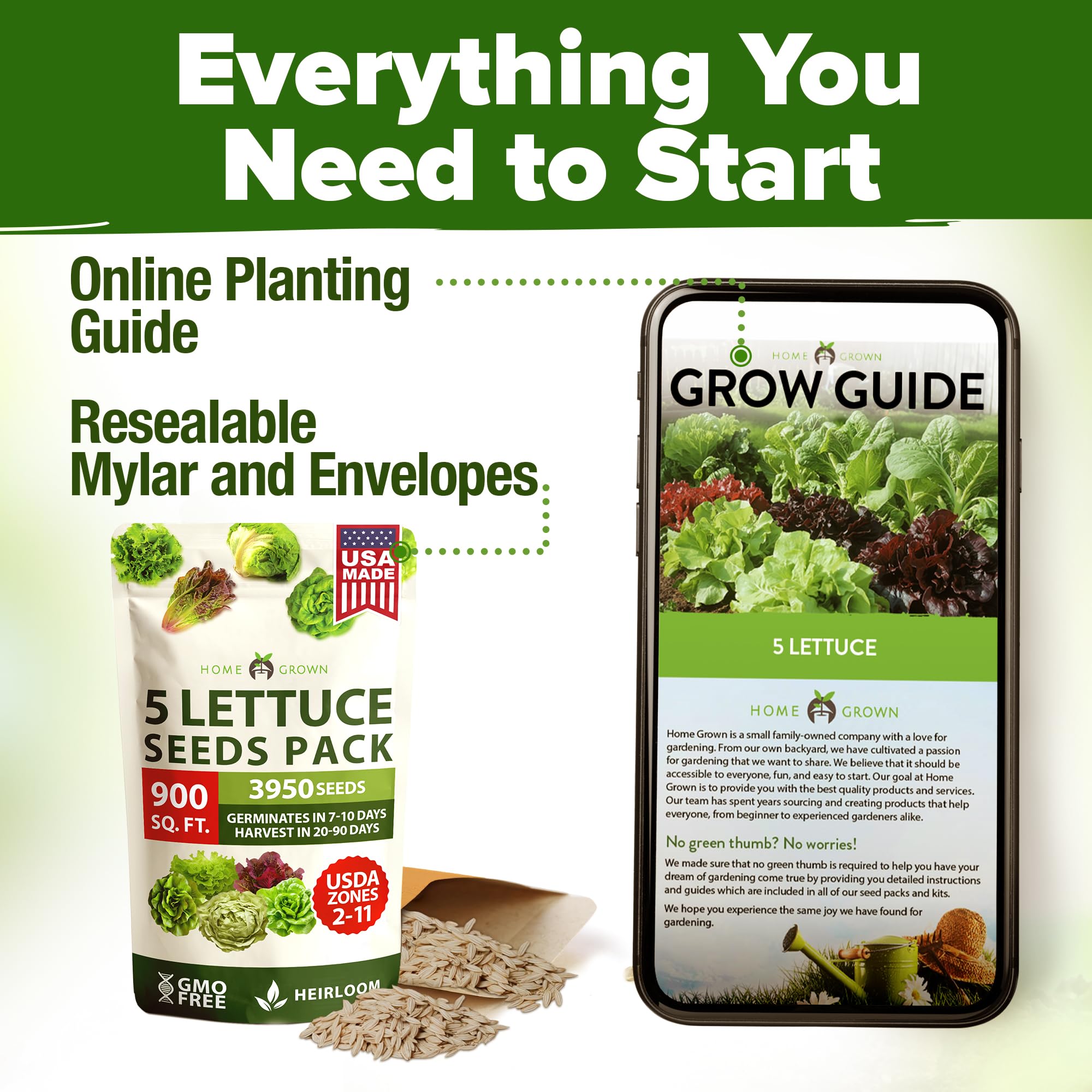 HOME GROWN premium seed packaging protects freshness and germination.