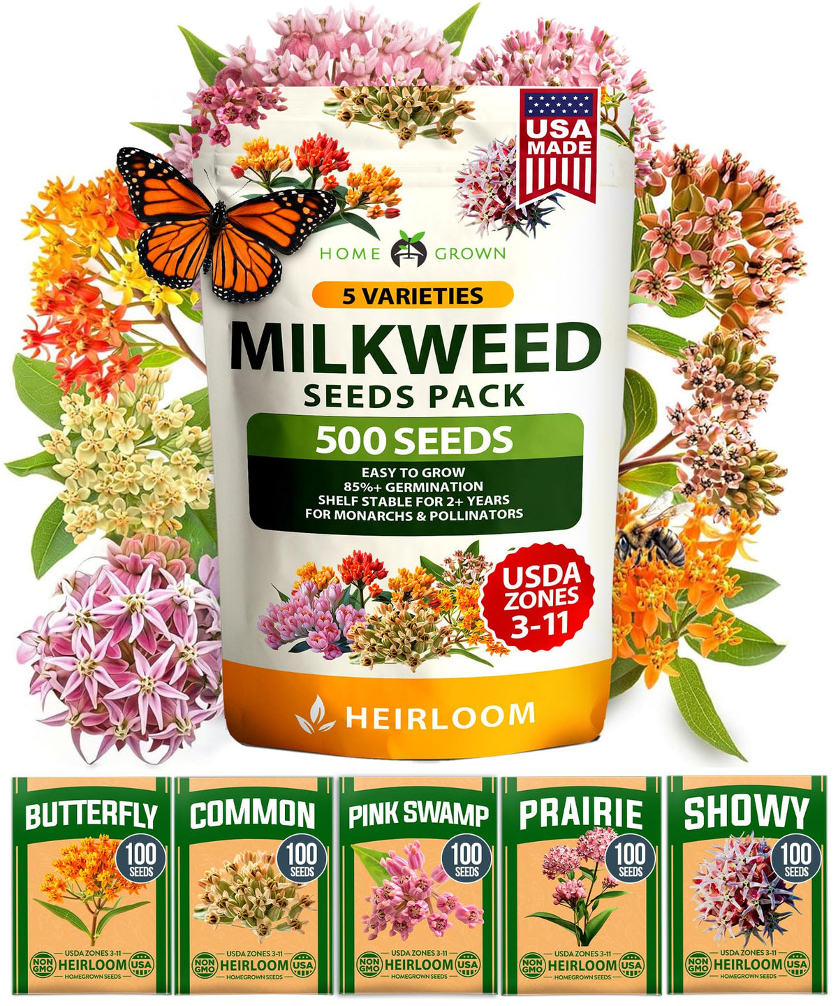 HOME GROWN Milkweed seeds five-varieties pack for monarch habitat and pollinator gardens.