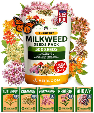HOME GROWN Milkweed seeds five-varieties pack for monarch habitat and pollinator gardens.