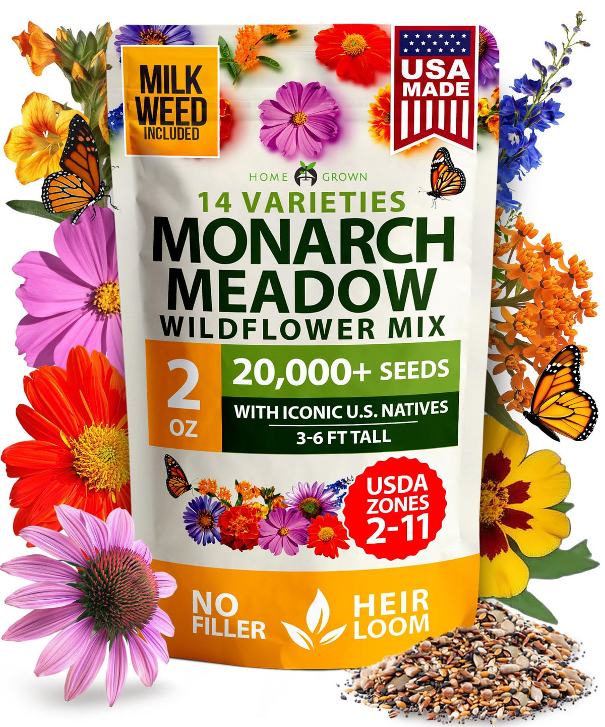 HOME GROWN Monarch Wildflower Seeds Mix seed packet close-up supports pollinators