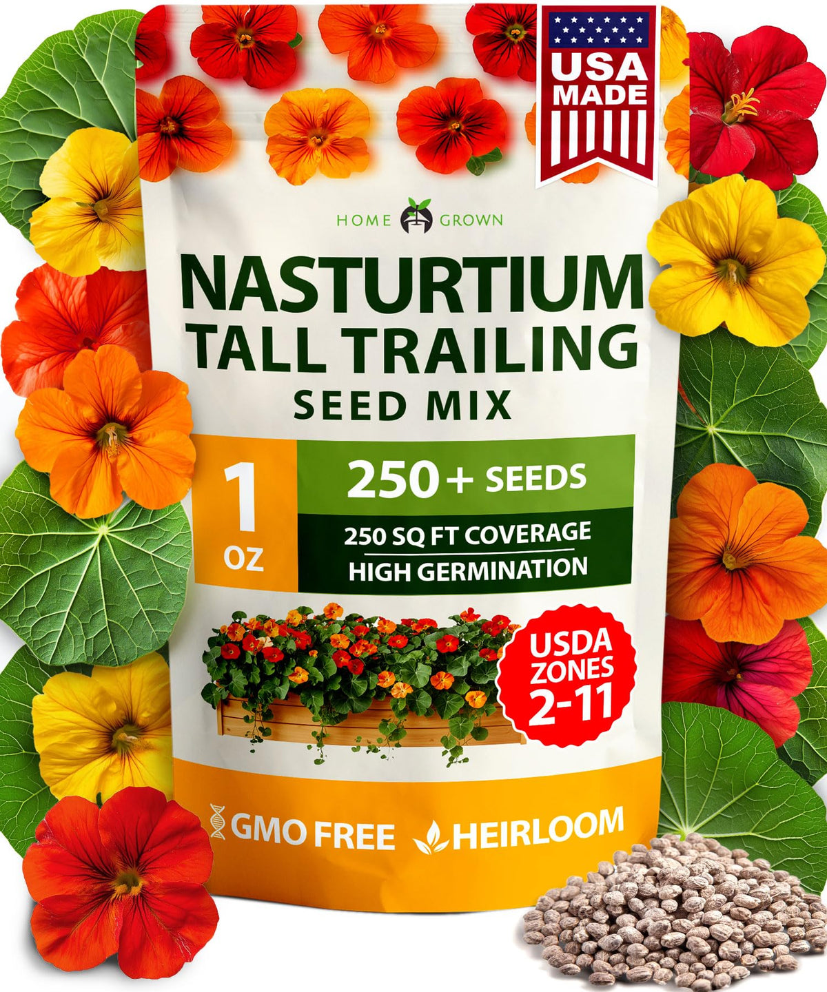 HOME GROWN Nasturtium blooms in close-up with vibrant mixed colors for borders.