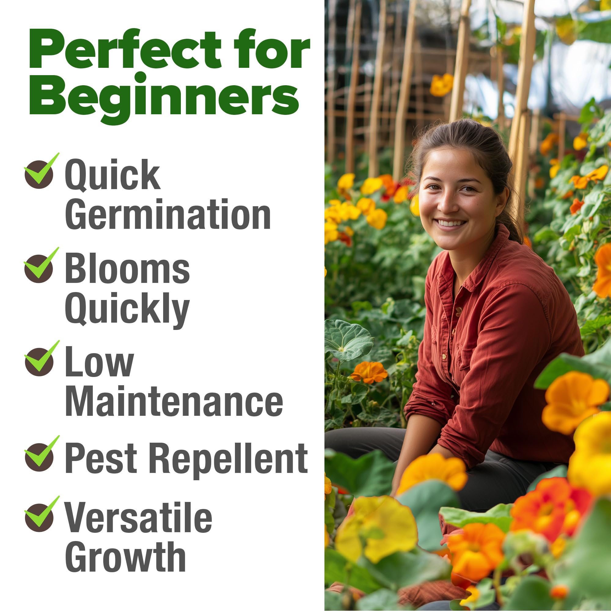 Ground-cover nasturtiums provide color and edible petals with weed suppression.
