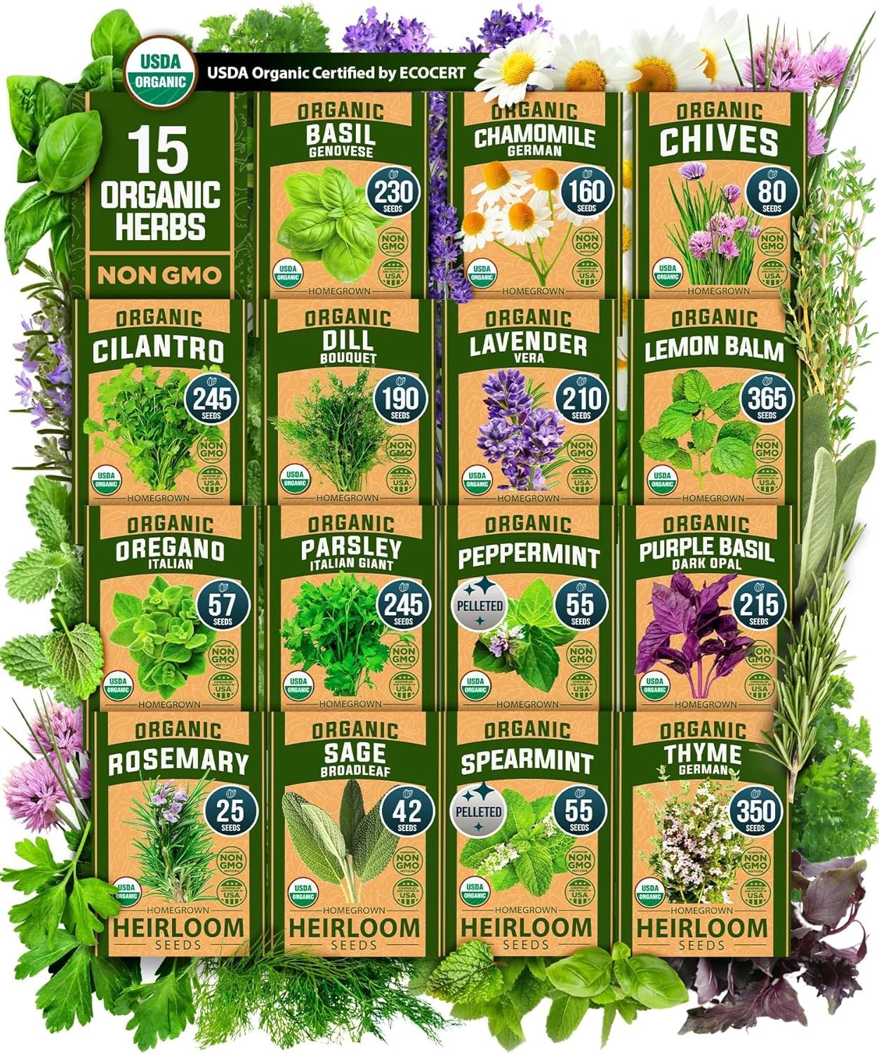 HOME GROWN herb seeds variety pack seed packets for starting an heirloom kitchen garden