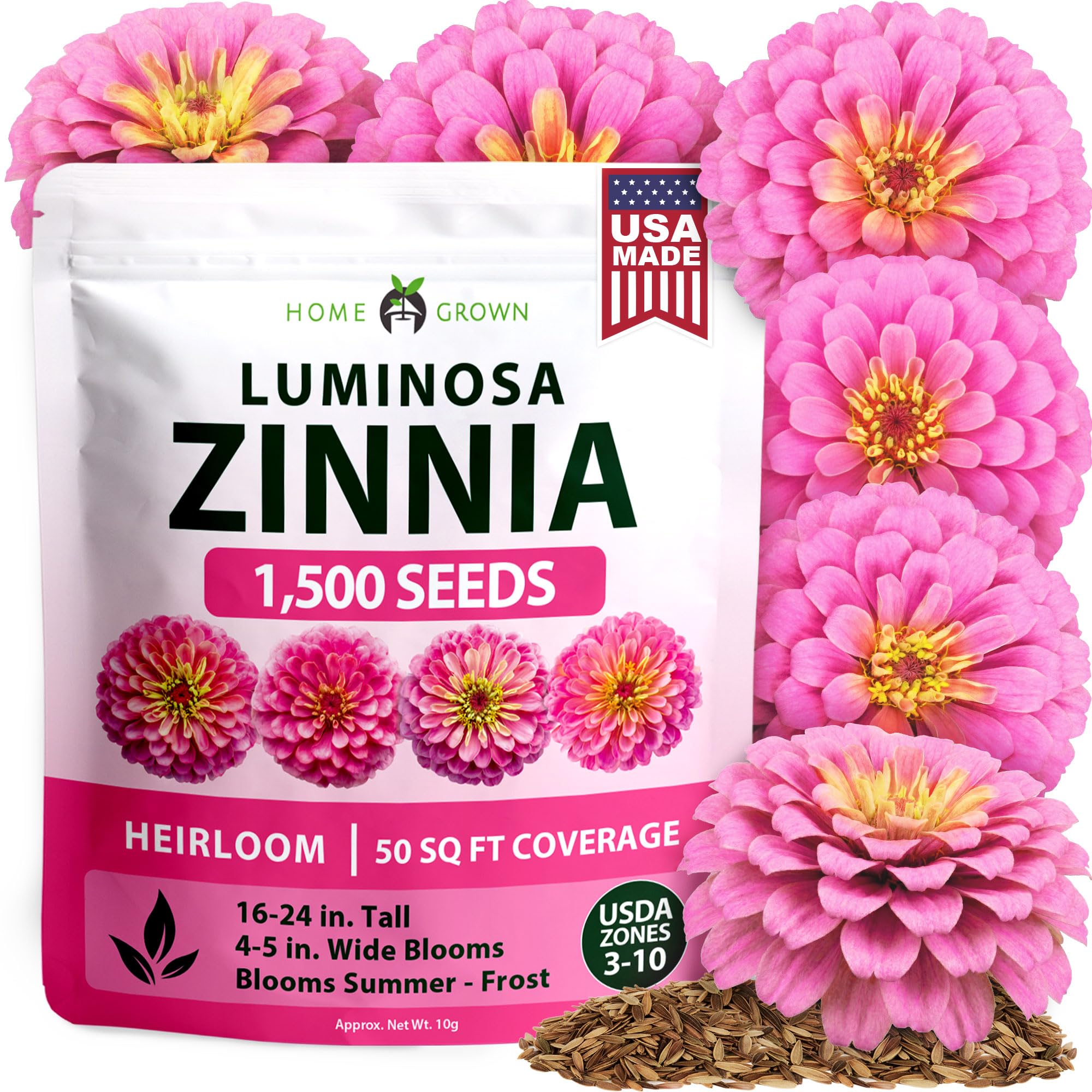 HOME GROWN Pink Zinnia seeds pack for easy planting and vibrant blooms.