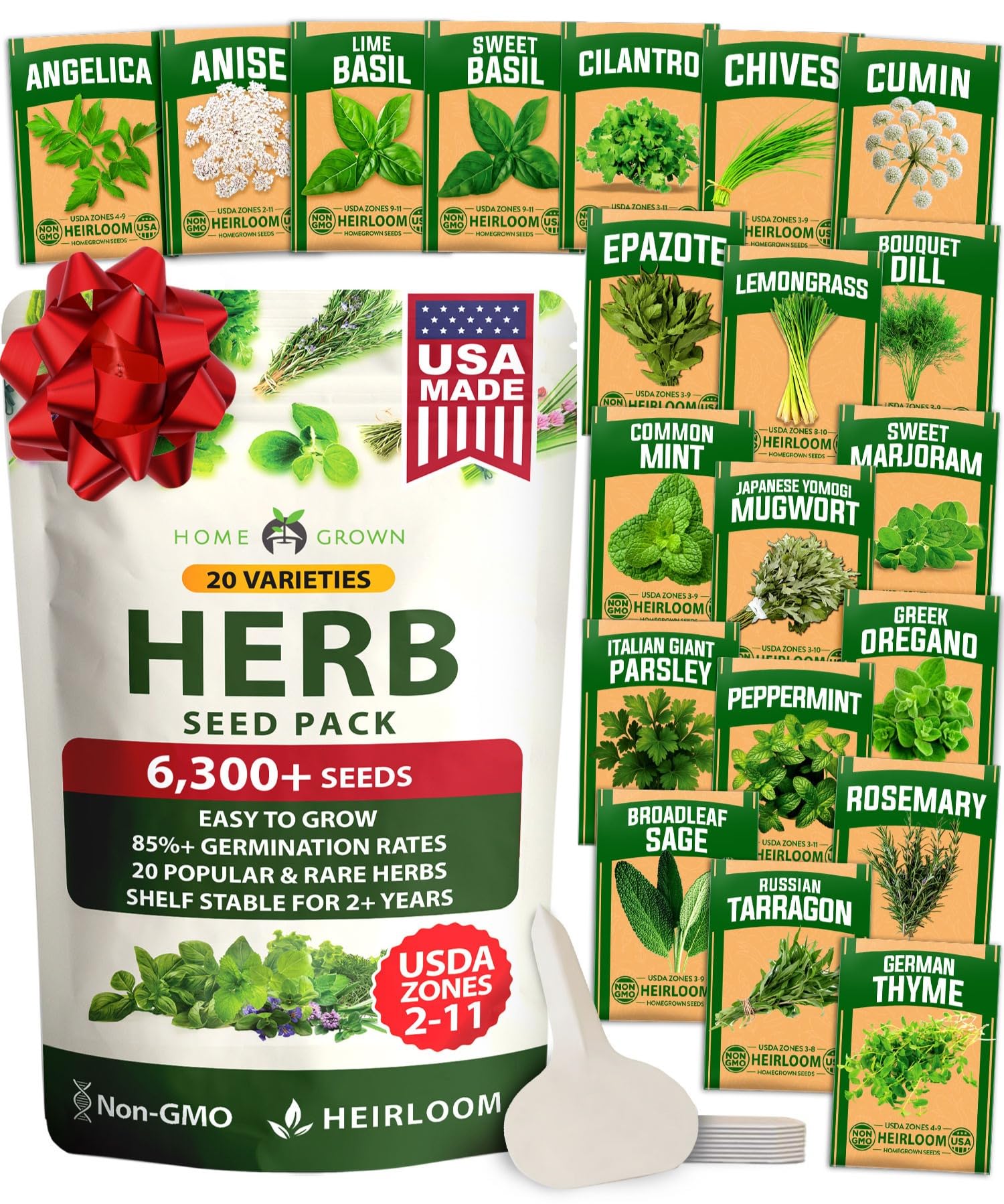 HOME GROWN premium herb seeds packaging for easy planting indoors and outdoors.