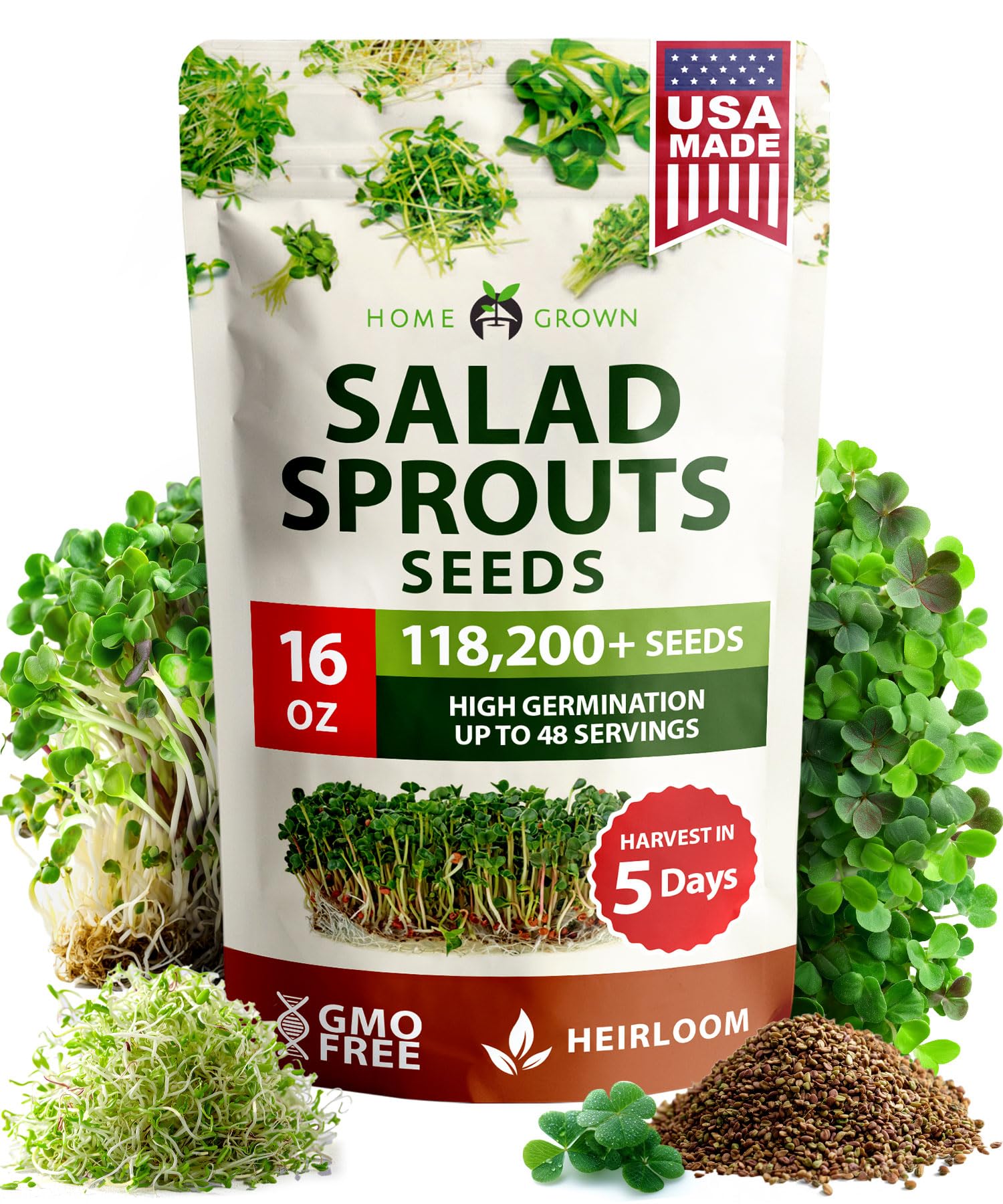 HOME GROWN premium sprouting seeds mix in a jar ready for quick indoor sprouts for fresh greens.