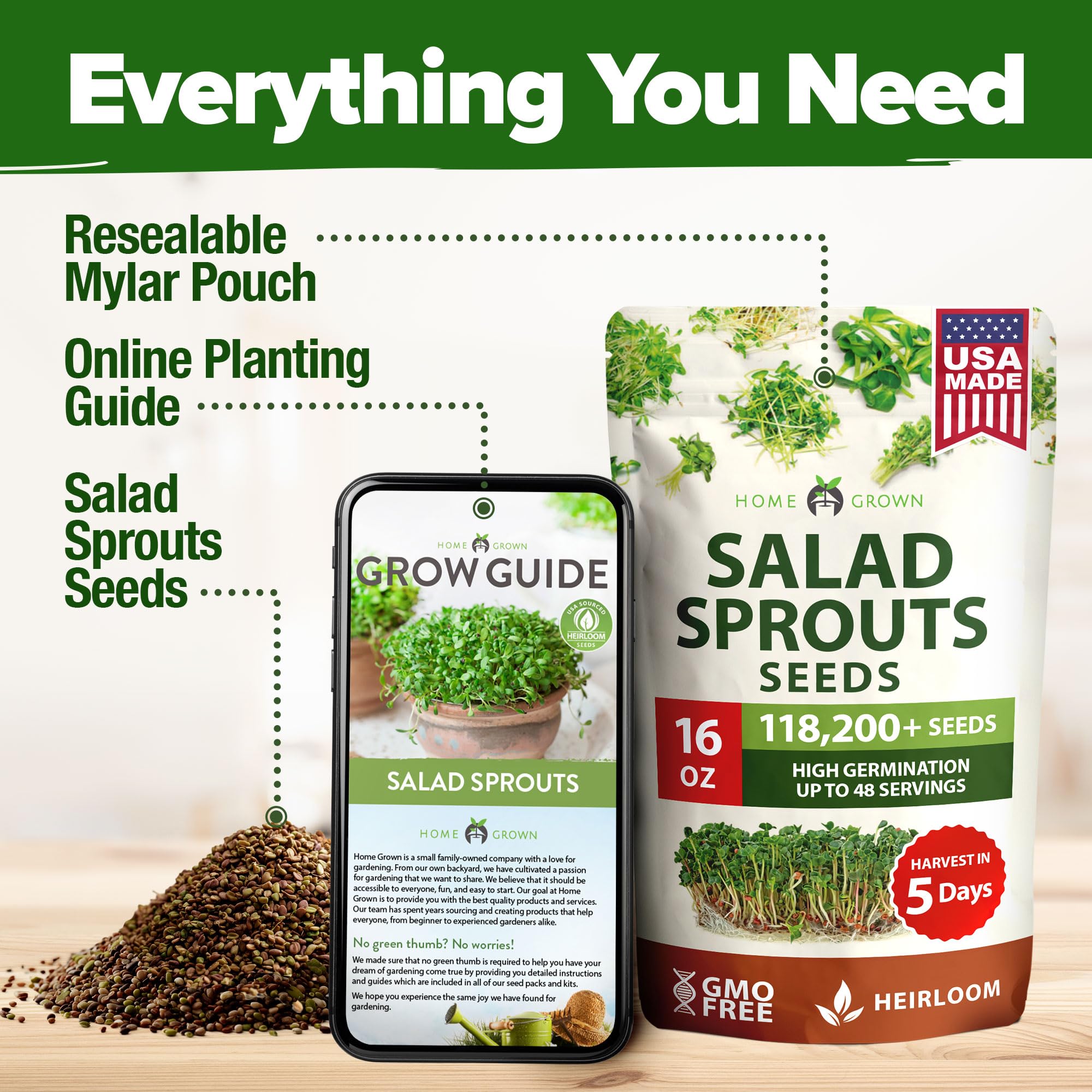 HOME GROWN 16oz resealable packaging of sprouting seed mix.