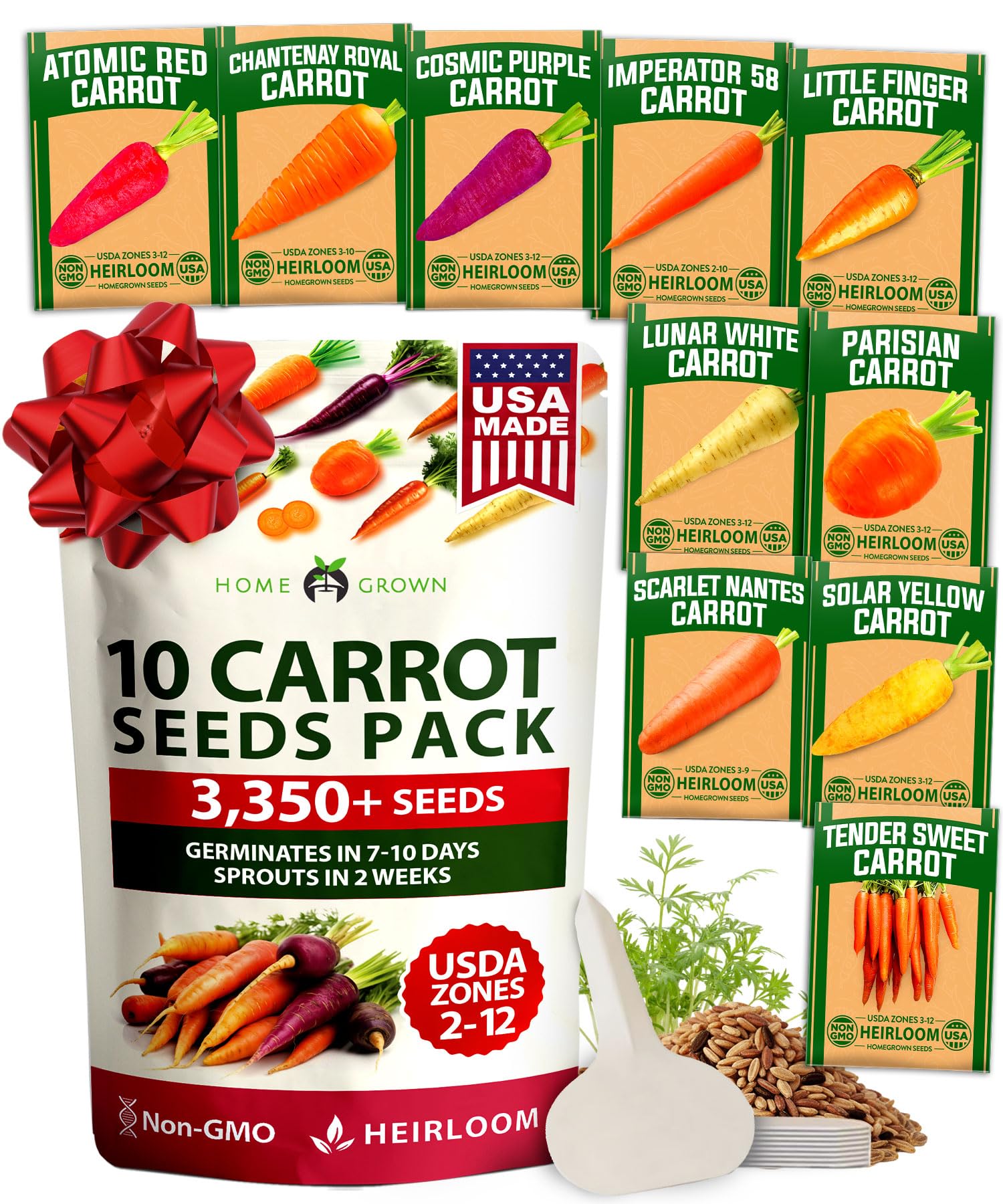 Home Grown rainbow carrot seeds packaging for diverse, colorful harvests in home gardens.