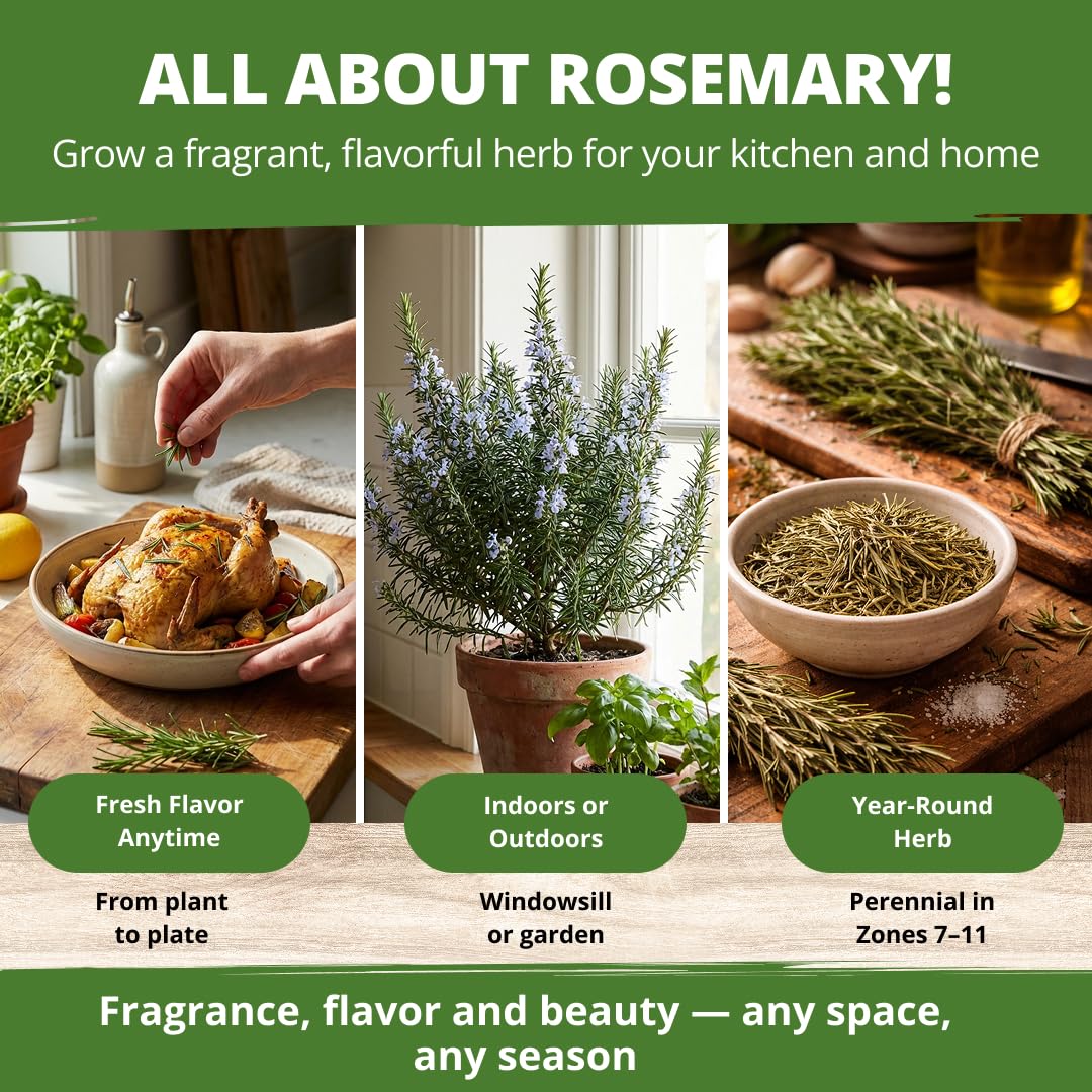 HOME GROWN rosemary seeds pack back, highlighting non-GMO heirloom quality for flavorful herbs.