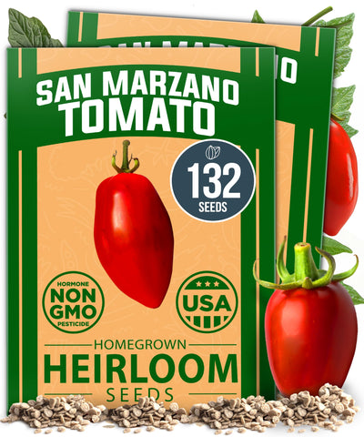 HOME GROWN San Marzano seeds packaging showing authentic heirloom quality for reliable planting.