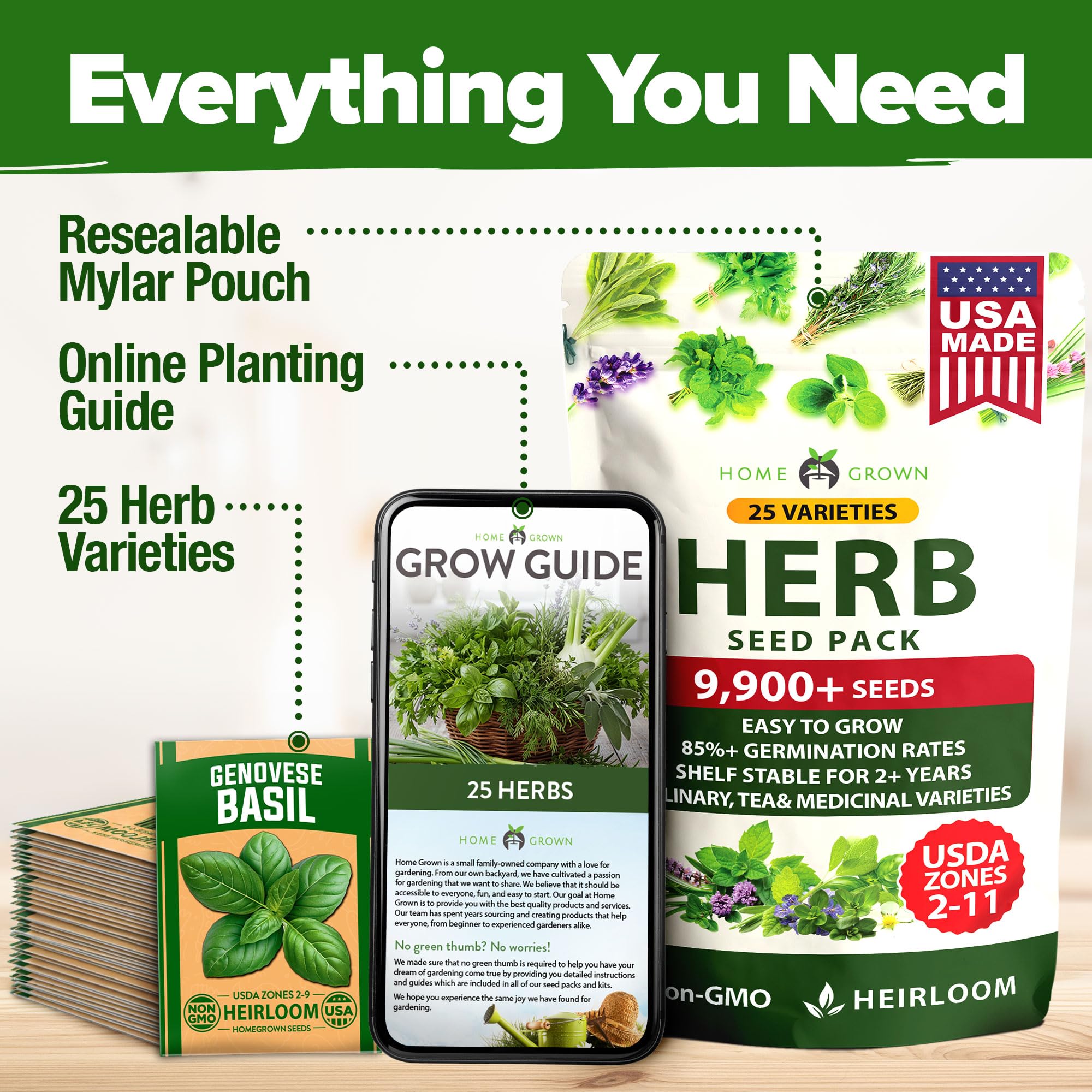 Home Grown seed packets in raised beds outdoors for seasonal herb crops.