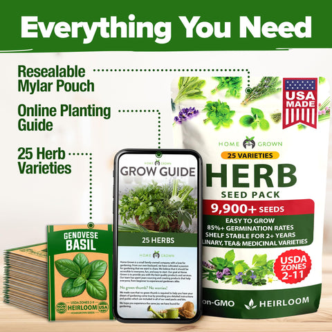 Home Grown seed packets in raised beds outdoors for seasonal herb crops.