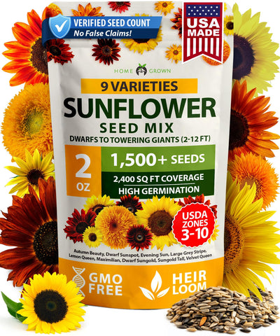 HOME GROWN Sunflower Seeds Mix Pack collection shows nine varieties for colorful borders